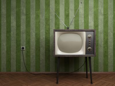 Vintage TV in Empty Room with Green Striped Wallpapers